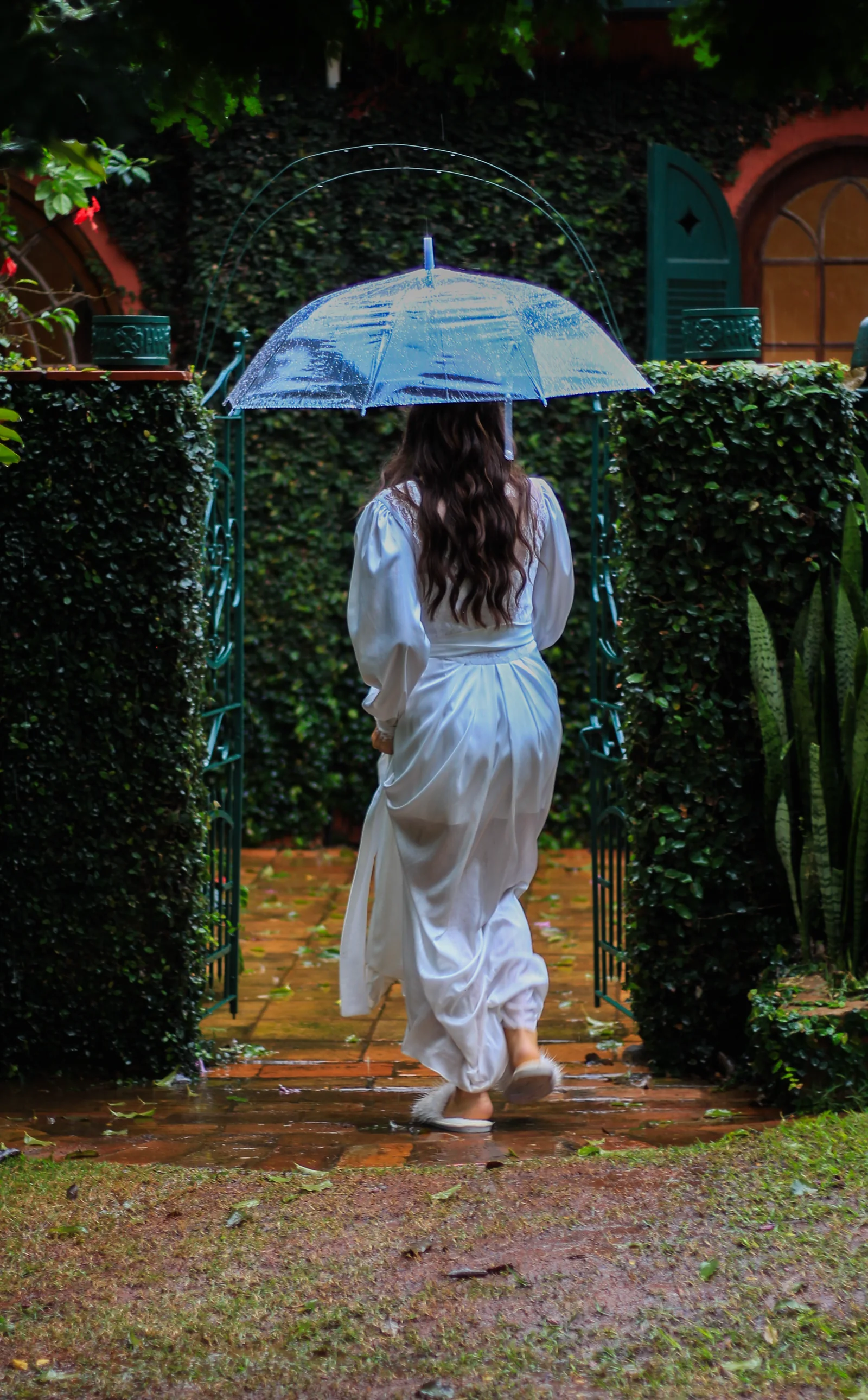 Noiva caminhando sob um guarda-chuva transparente em um jardim